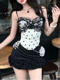 Purpdrank  Black Sexy Women Summer 2 Piece Set Lace Patchwork Chic Tops + Rose Mini Skirt Harajuku Club Party High Street Retro Outfits New