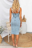Purpdrank  Worn-look Denim Off-Shoulder Short-Sleeve U-Neck Dress Casual Style One-Piece Skirt Cotton Polyester Blend Mid-Waist Midi Dress