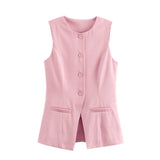 Purpdrank  Office Waistcoat y2k Clothes Women Solid Color Round Neck Single Breasted Sleeveless Suit Vest Elegant Tops Streetwear