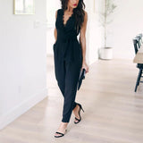 Purpdrank  Fashion Lace Women Jumpsuit With Belt Sleeveless Casual V-neck Solid Women Black Jumpsuits Fashion Female Pants Suit Pants