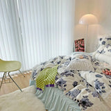 Purpdrank  Korean Ins Rose Pastoral Lace Quilt Cover Washed Cotton Princess Bedding Sets Bed Skirt Ruffles Pillowcase Woman Duvet Cover