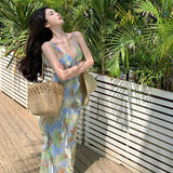 Purpdrank  Real Shot Tea Break French Style Floral Strap Dress Summer New V-neck Backless Waist-cinching Long Dress