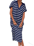 Purpdrank  Women Dress Long Dresses Knitted Turn Down Collar Short Sleeve Print Striped Casual Loose Elegant Splice Summer Vestidos