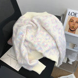 Purpdrank  Retro Softening Ageless Loose Women's Knitted Cardigan Short Diamond Pattern Outerwear V-neck Full Sleeve Casual Jacket