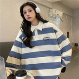 Purpdrank  Japanese Striped Polo Shirt Sweater for Women Loose Korean Style Spring Autumn Casual BF Salt Coat