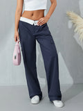 Purpdrank  Women Casual Cargo Pants Solid Deep Blue Black Patchwork Straight Leg Trousers With Multiple Pockets