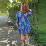 Purpdrank  Summer Short Sleeved Loose Holiday Dress Blue Floral Printed O Neck Women's Dress Elegant Button Pleated Bohemian Dress Vestidos
