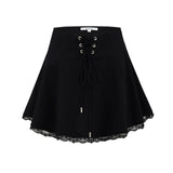 Purpdrank  Holiday Front Cross Lacing up Bandage Bow Zipper Waist Mini Skirt Women White Spliced Lace Hem Ruched Swing A-lined Skirts Black