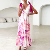 Purpdrank  Bow Tie Up High Waist Holiday Long Dress Sexy Sleeveless Pleated Suspender Dresses Women's V Neck Print Bohemian Dress Vestidos