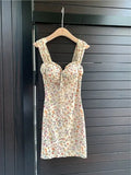 Purpdrank  French small floral dress women's summer square collar waist length short suspender skirt