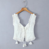 Purpdrank  White 3D Dot Spliced Lace Tie Bow Tassel Sexy Corset Women Summer Tank Tops Lacing up Bandage Strap no Button Crop Top