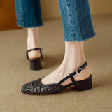 Purpdrank  French square-toed woven high-heeled sandals, 2025 summer new skeletonized fashionable leather fabric mid-heel women's shoes