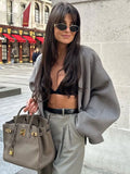 Purpdrank - Autumn Women's Grey Cropped Coat Elegant V-neck Single Breasted Long Sleeve Female Coats Winter Female Chic Streetwear Jackets