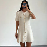 Purpdrank  White Elegant Knitted Mini Dress For Women Metal Button Sexy Slim Rib Sweater Dress Holiday Party Outfits Autumn New