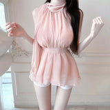 Purpdrank  Summer Bohemian Chiffon Women's Long T-shirts Sashes 2025 New Sleeveless Casual Loose Shirts Halter Slim Tops Female