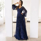 Purpdrank  Long V-Neck Sequin Dress Elegant Bow-Knot Party Dress Polyester Fabric High Waist Bubble Sleeve Floor-Length Simple Chic
