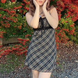 Purpdrank  French style Summer New style Women's Short skirt Sweet Fresh Plaid Suspenders Sexy Lace Mesh Patchwork A-line Dresses