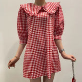 Purpdrank  Chic Spring Sweet Young Looking Wood ain  Doll Collar Loose Bubble Sve Plaid Dr Women's Faion Casual Skirts