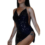 Purpdrank  Summer Sexy Slim-fit Backless High Open Sequin Plain Black Mini Dress with Neck