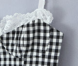 Purpdrank  Sexy Black White Plaid Spliced Lace With Wire Chest Corset Camis Women Side Zipper Crop Top Camisoles Bra Tank Vest