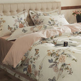 Purpdrank  4Pcs Luxury Butterfly Blooming Flowers Print Bedding Set 100% Egyptian Cotton Duvet Cover Set Bed Sheet/Fitted Sheet Pillowcases