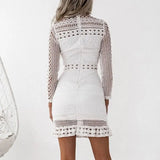 Purpdrank  Women's Sexy Lace White Dresses Hollow Out Crochet Long Sleeve Ruffles Midi Dress Casual High Collar Bodycon Party Dress