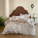 Purpdrank  Rustic Vintage French Rose Floral Ruffles 100% Cotton Bedding Set Duvet Cover Set Flat/Fitted Bed Sheet Pillowcases 4Pcs
