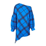 Purpdrank  Women's Fashion Plaid One Shoulder Asymmetrical Mini Dresses Puff Sleeves Loose Casual Going Out Vacation Short Dress