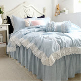 Purpdrank  100% Cotton Bedding Set Luxury Blue Plaid Printing Princess Lace Duvet Cover Bed Skirt Bedspread Pillowcases Home Textile