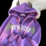 Purpdrank  Trendy Fleece-Lined Little Devil Horn Cardigan Hooded Sweater High Street Loose All-Match Couple Top for Men And Women