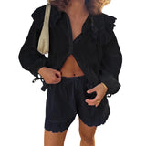 Purpdrank  Women Ruffles Set Long Puff Sleeve Babydoll Blouse Shirt Coquette Eyelet Shorts Set 2 Piece Outfit 90s Vintage Y2k Streetwear