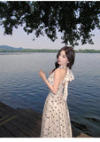 Purpdrank  French Style Polka Dot Print Halter Neck Dress Lace Vacation Long Dress