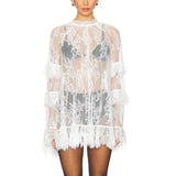 Purpdrank  Women Lace Sheer Dress Sexy See Through Mesh Long Sleeve High Neck Floral Cover Up Cocktail Party Mini Dresses
