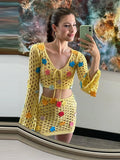 Purpdrank  Chic V-neck Hollow Out Lace-up Top Hip Package Mini Skirts Fashion Long Sleeve Hook Skirt Set for Women 2025 Summer Beach Outfit
