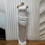 Purpdrank  Sexy Slanted Collar Backless Evening Dress Elegant Patchwork Satin Solid Long Dress Women Fashion Sleeveless Slim Bodycon Dress