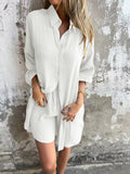 Purpdrank  Women's Casual Solid Color Cotton and Linen Shorts Long Sleeve Wrinkle Shirt Two-piece Set