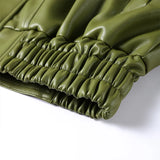 Purpdrank  Fashion Green Leather PU Jacket Women Loose Laple Zipper Long Sleeve Single Breasted Pocket Coat 2025 Autumn New Lady Streetwear