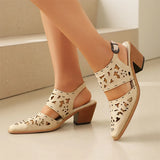 Purpdrank  Plus Size 48 Women's Western Cutout Laser-Cut Slingback Sandals Pointed Toe Chunky Wooden Heel Vintage Cowboy Shoes Brown/Pink