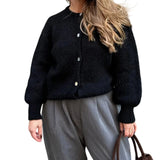 Purpdrank  Women Autumn y2k Vintage Crew Neck Knitted Cardigan Basic Single Breasted Long Sleeve Solid Color Button Up Sweaters Crop Tops