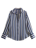 Purpdrank  Women's Shirts Summer Decent Simple Daily Stripes Single Breasted Button Front Cuff Sleeve Half Open Collar Casual Shirts