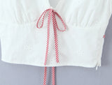 Purpdrank  Sexy White Embroidery Hole Lace Spliced Red Bow V neck Short Puff Sleeve Shirt Women Lacing Up Sashes Back side Zipper Crop Tops