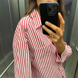 Purpdrank  Spring New Women's Fashion Style Casual Versatile Curled Cuff Stripe Loose Shirt Top