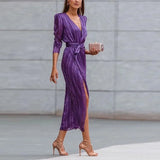 Purpdrank  Elegant V Neck Lace-up Belted Party Dress Women Spring Striped Print Split Irregular Dress Autumn Long Sleeve Office Lady Dress