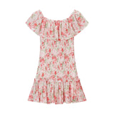 Purpdrank  Romantic Pink Floral Print Ruched Slash Shoulder Short Sleeve Chiffon Dress Women Elastic Body Ruffles Hem Mini Dresses Vestidos