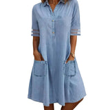 Purpdrank  Fashion Denim Women Dress Solid Color Mid Sleeves A Line Pattern Above Knee Stand Collar Casual Pocket Shirt Dress