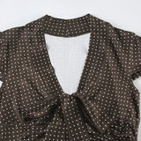 Purpdrank  American Retro Women T Shirts Brown Polka Dot Button Lace Up Slim Fit T-shirt Casual Street Short Sleeved Harajuku Tee