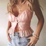 Purpdrank  sexy sleeveless deep v ncek strap crop top women beach Wear vintage cotton pink tops button up Camis boho casual Summer blusas