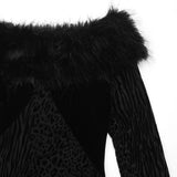 Purpdrank  Sexy Black Velvet Off-Shoulder Leopard Mesh Fur Trim Maxi Dress Women's Long Sleeve Patchwork Bodycon Evening Party Dress