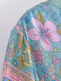 Purpdrank  BOHO V neck Flower Print Single-Breasted Buttons Mini Dress Woman Spliced Ruched Pleated Short Sleeve Loose Robe Holiday