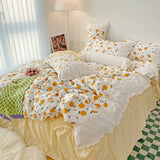 Purpdrank  Korean Ins Rose Pastoral Lace Quilt Cover Washed Cotton Princess Bedding Sets Bed Skirt Ruffles Pillowcase Woman Duvet Cover